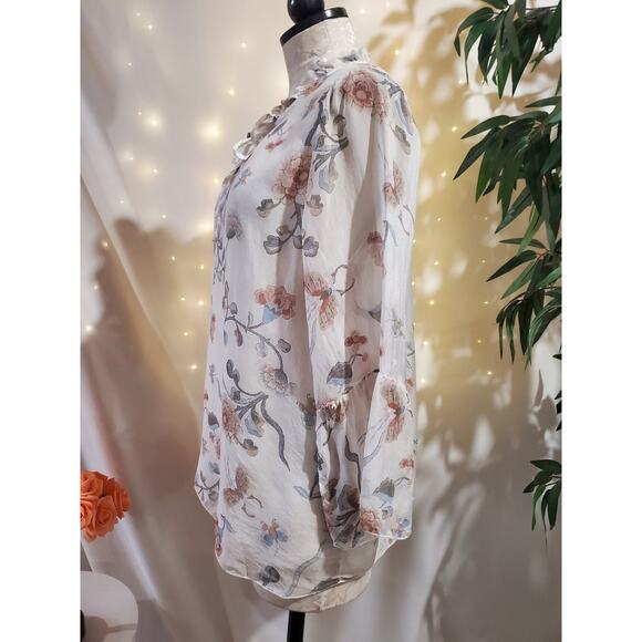 Angela Moda Silk Floral Ruffle Keyhole Bell Sleeve Blouse Top Size L Italy Made - Picture 2 of 12